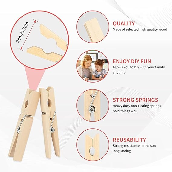 20PC Wooden Clothespins – Strong Grip Laundry Pegs for Clothes, Crafts & Home Use
