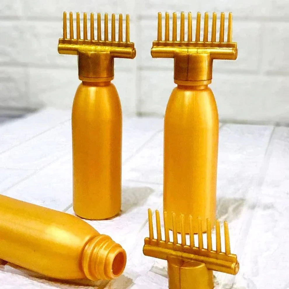Pack of 2 Golden Hair Oil Bottle with Comb – Refillable Oil Applicator for Hair Care