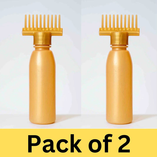 Pack of 2 Golden Hair Oil Bottle with Comb – Refillable Oil Applicator for Hair Care
