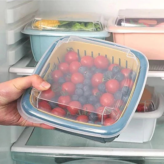 Refrigerator Strainer Double Drainer Basket with Lid – Multi-Purpose Storage Box for Fruits & Vegetables